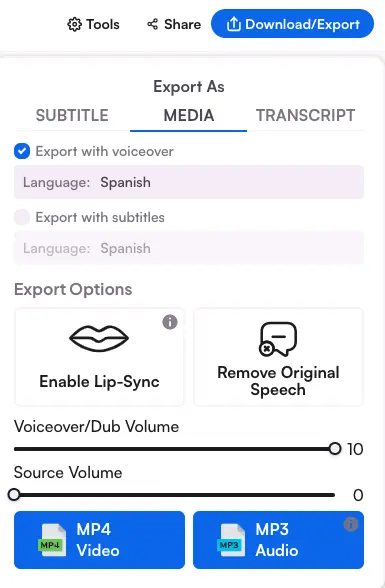 Export dubbed content with a single click.